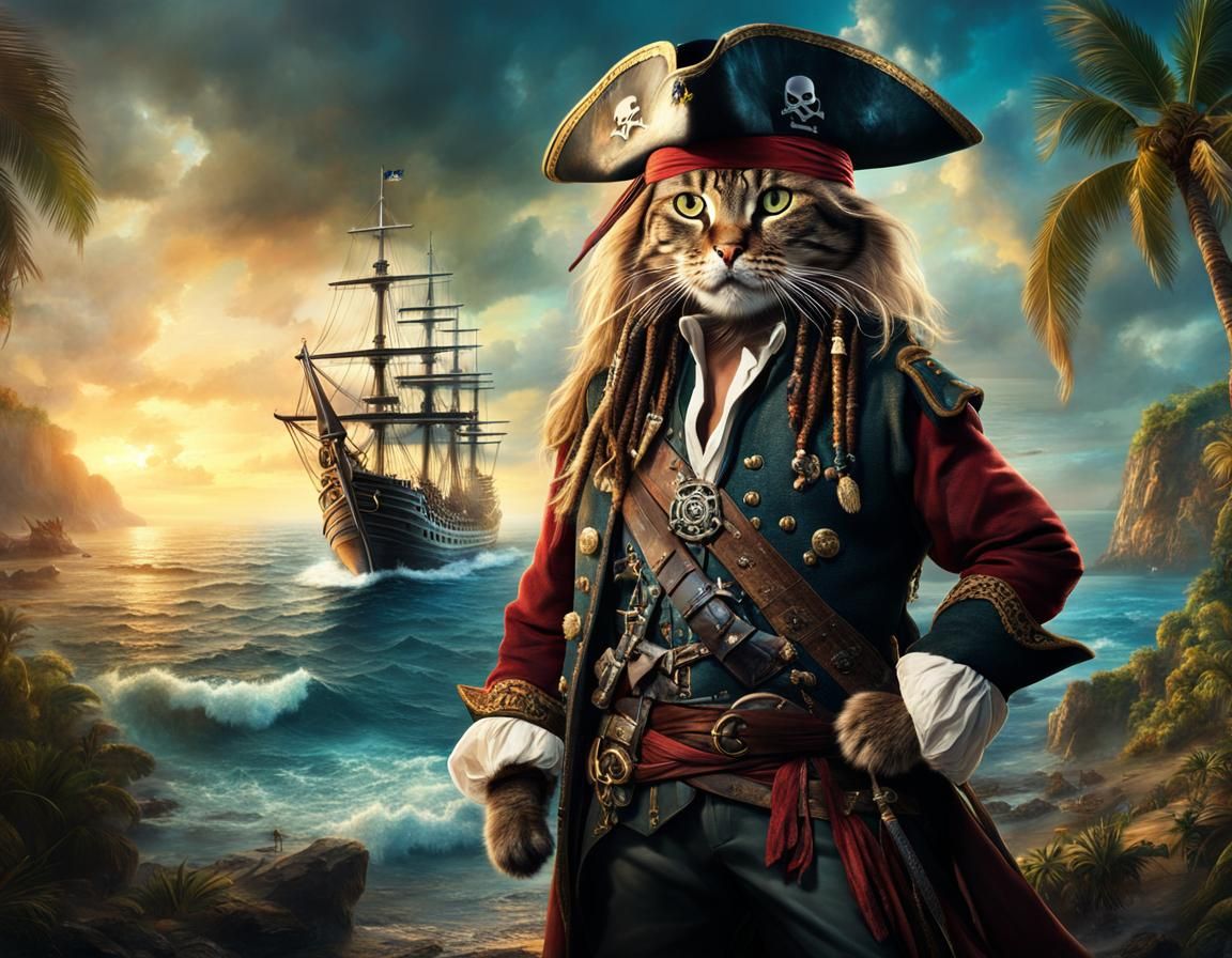 A full body shot of an anthropomorphic cat looking like Jack Sparrow from Pirates of the caribbean. Sea ...  by @ZHV