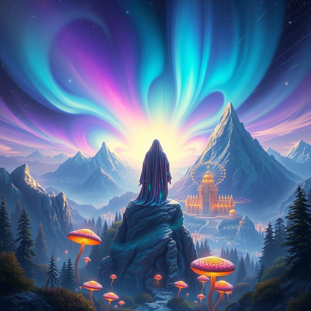 Celestial Guardian in Iridescent Robes with Glowing Forests...