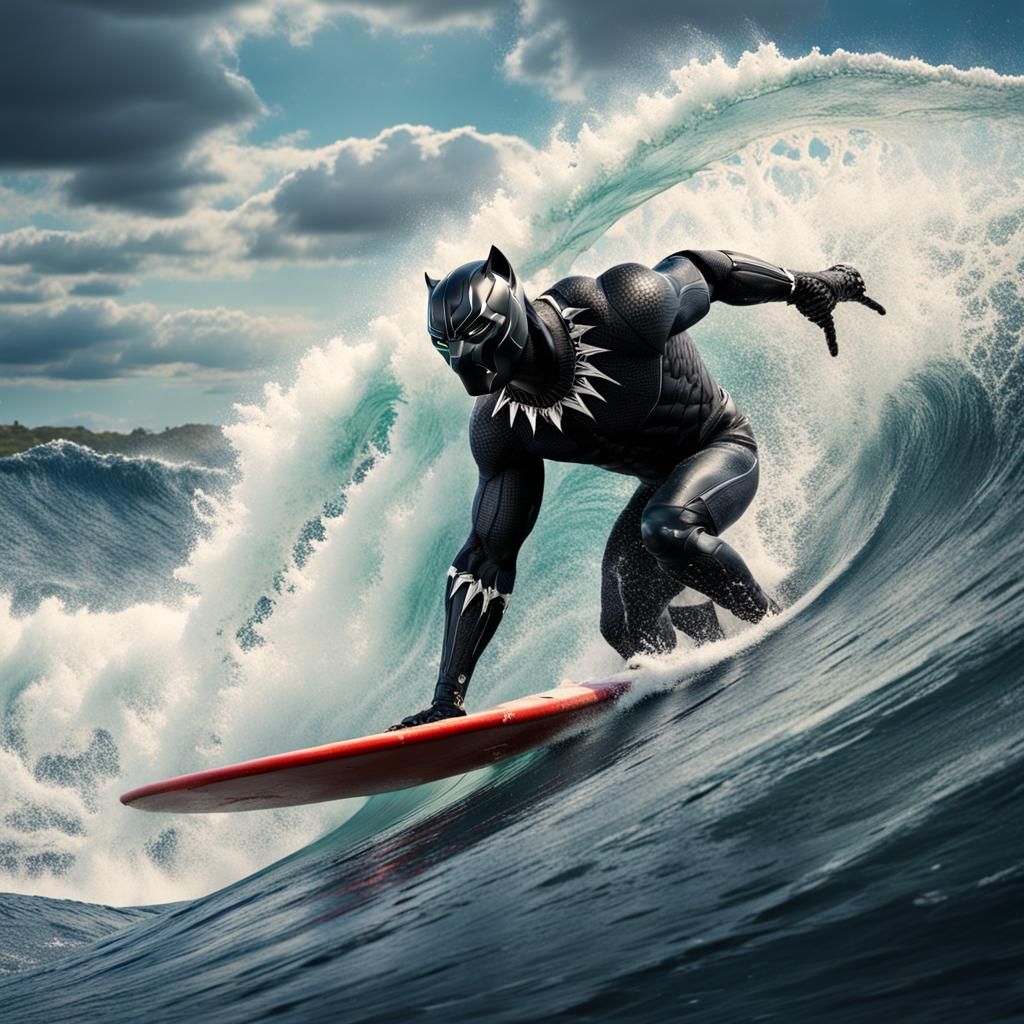 the black panther surfing a huge wave