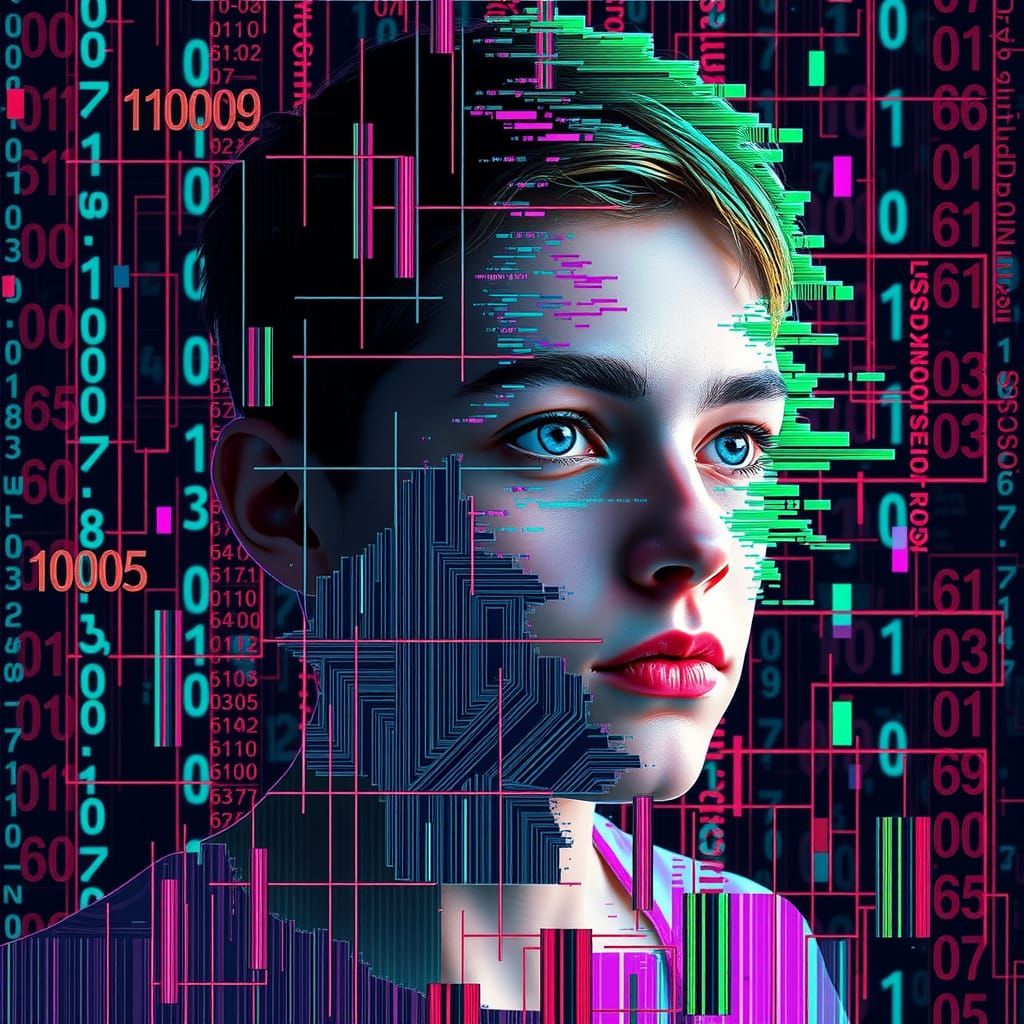 A portrait of a young figure suspended in digital disarray—half of their face rendered clearly with serene ...  by @Open Mind Lover 