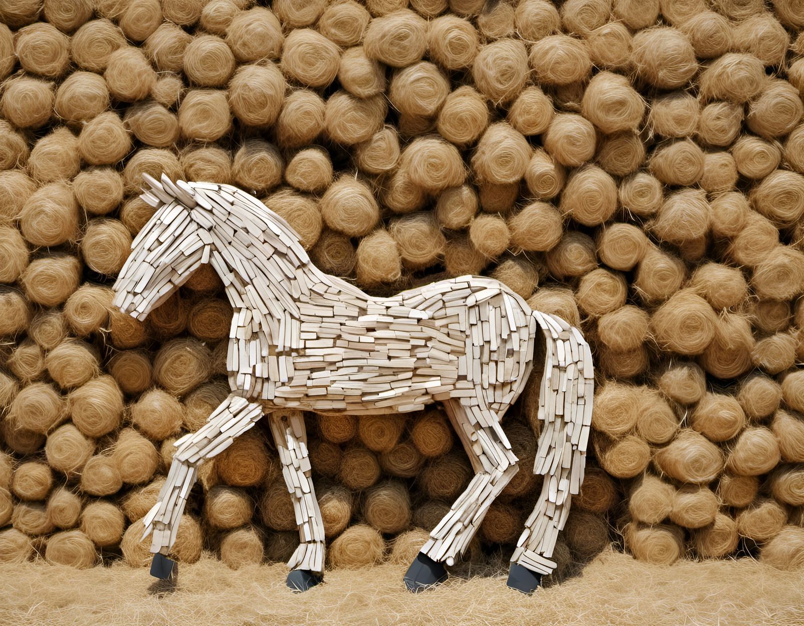 a realistic sculpture of a horse made out of hay bales, farm landscape,  <lora:Geppetto:1.0>