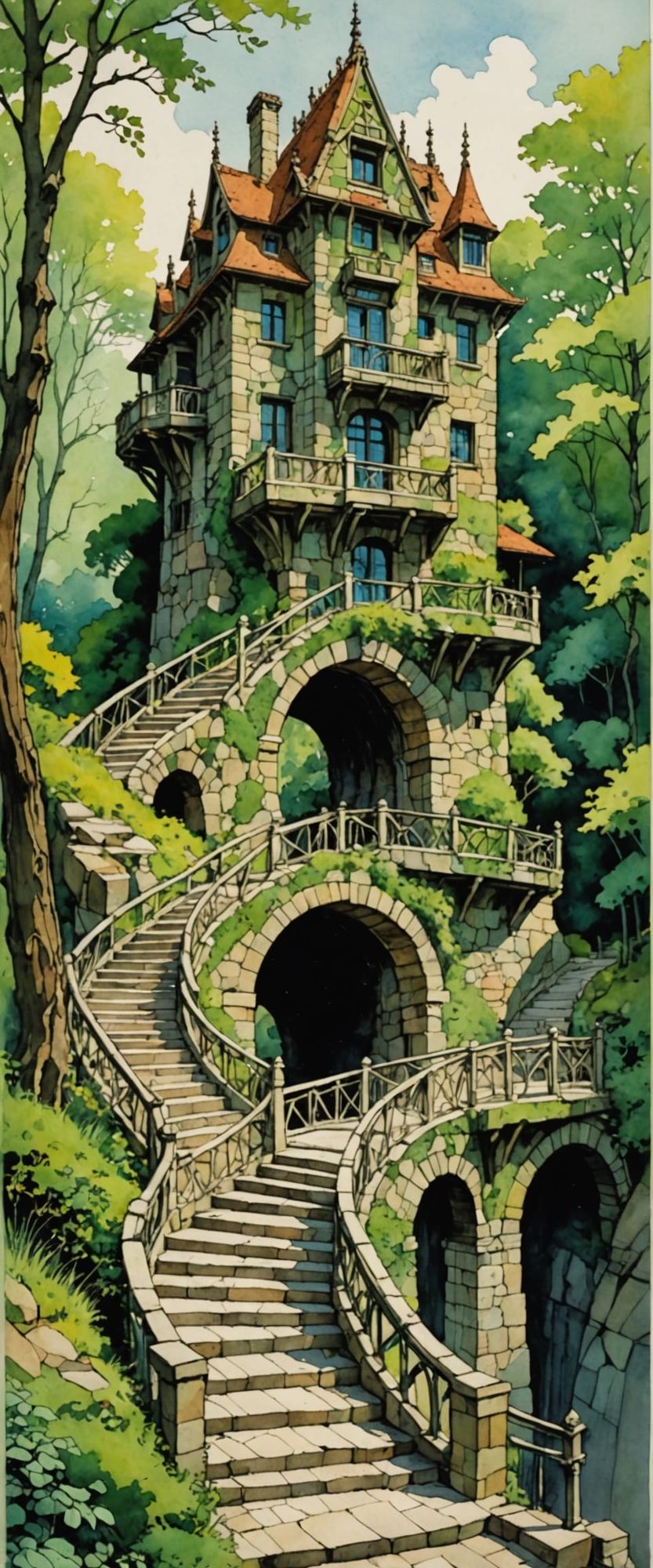 a bridge built in the style of antoni gaudi, frank lloyd wright, gustave eiffel, stone stairways leading to the top, iron staircases and spi...