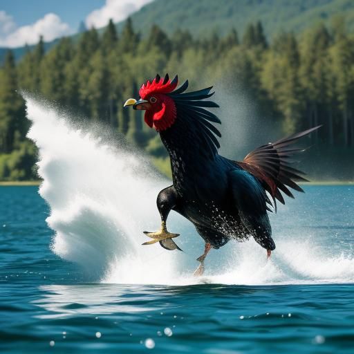 A jet boat, long and high rooster tail, cruising across the ...
