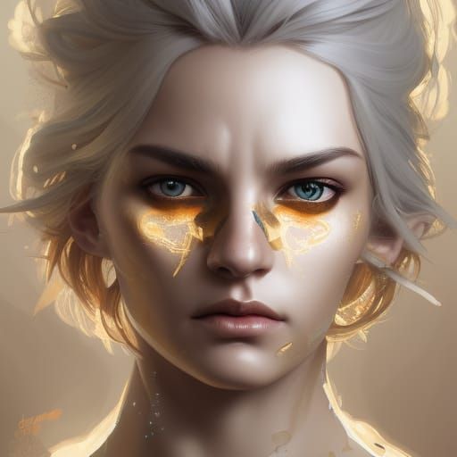 Golden eyes, white hair