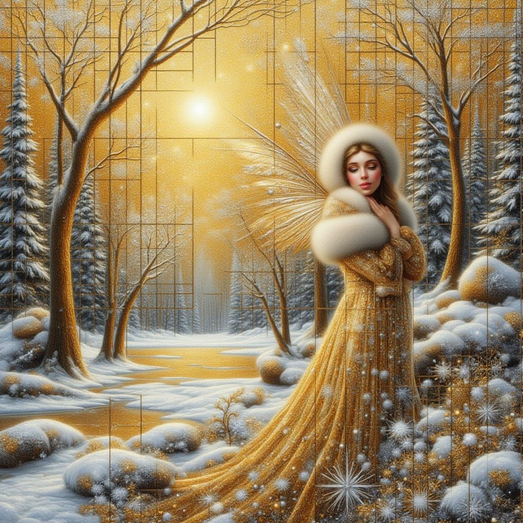 <lora:kak-festivepatch:1.0> golden and silver patchwork. Centered, big winter scene with a Winter's fairy