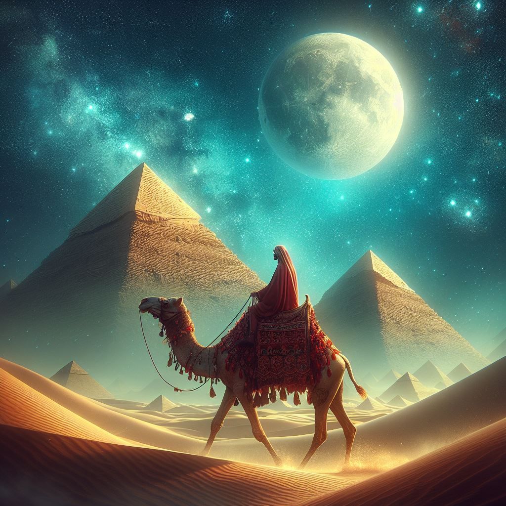 Riding a camel through the desert in the moonshine