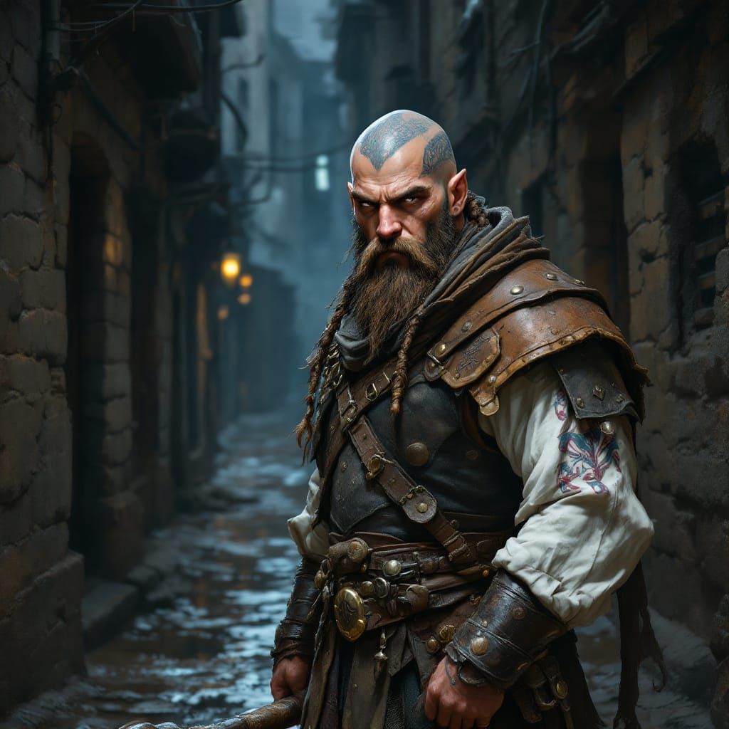 DnD fantasy style. A male fantasy dwarf rogue with earth-toned, dampened leather armor, and a hardened leather breastplate and leather boots...