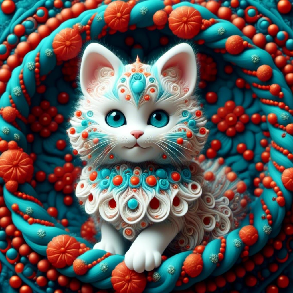 <lora:Fractalicious:1.0> 3D Hyperrealistic joyful adorable christmas Cat made from Fractal graphics and textures patterns, in gift basket_cr...