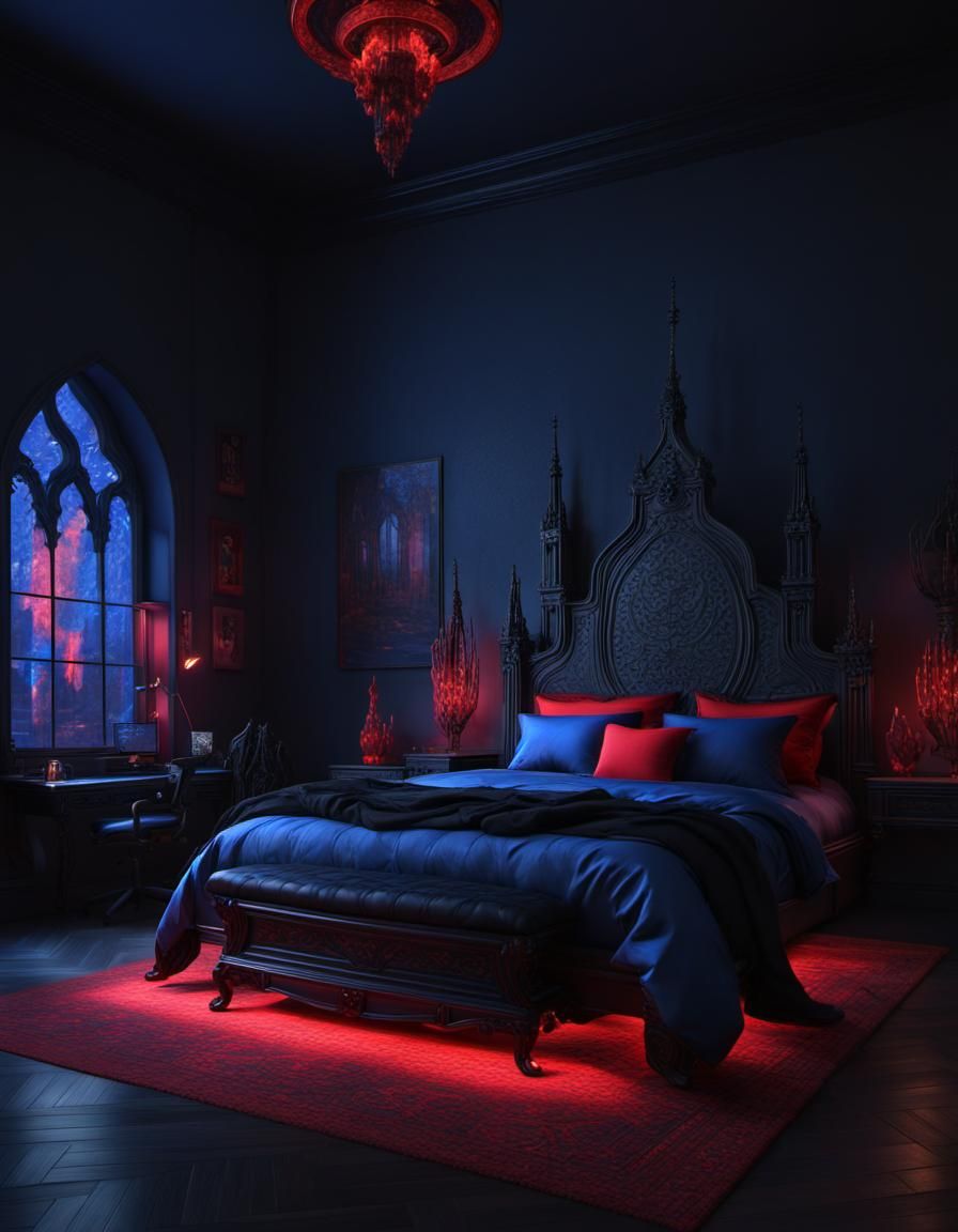 Ethereal cobalt blue bedroom with black accents and red accents& and ...
