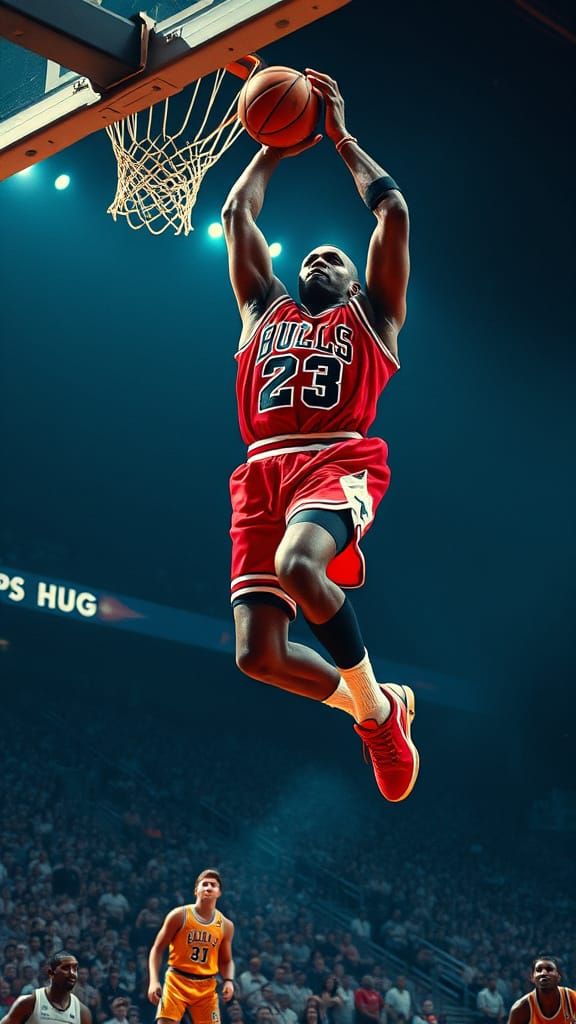 Michael Jordan in mid-slam Dunk in his iconic Chicago Bulls jersey, lithograph style blending Syd ...  by @Ankhor 