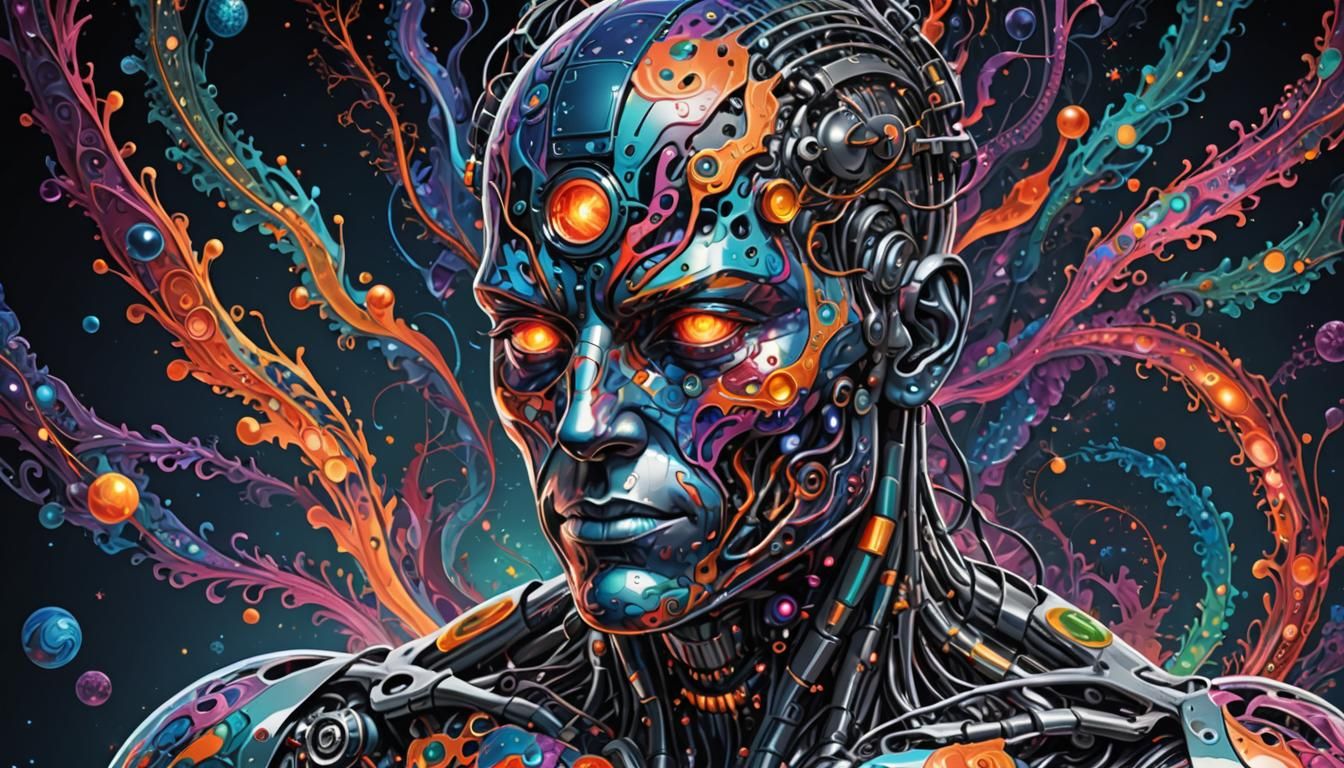 a cyborg man painting on a canvas technologic picture, duality in ...