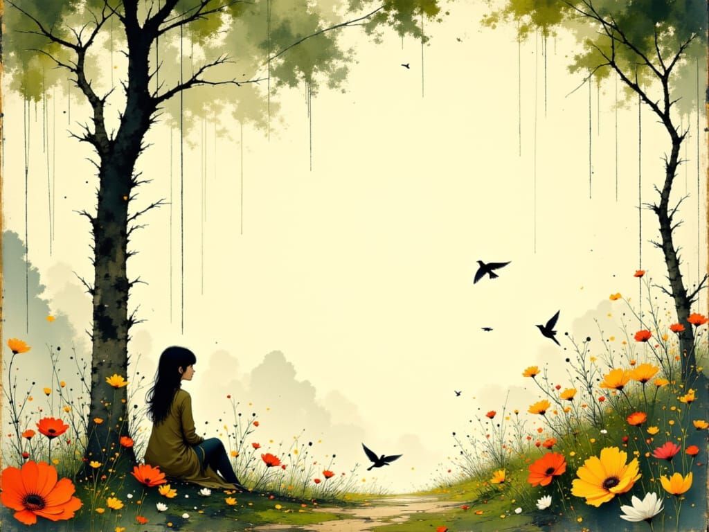 Woman in Tranquil Garden: Whimsical Watercolor Art