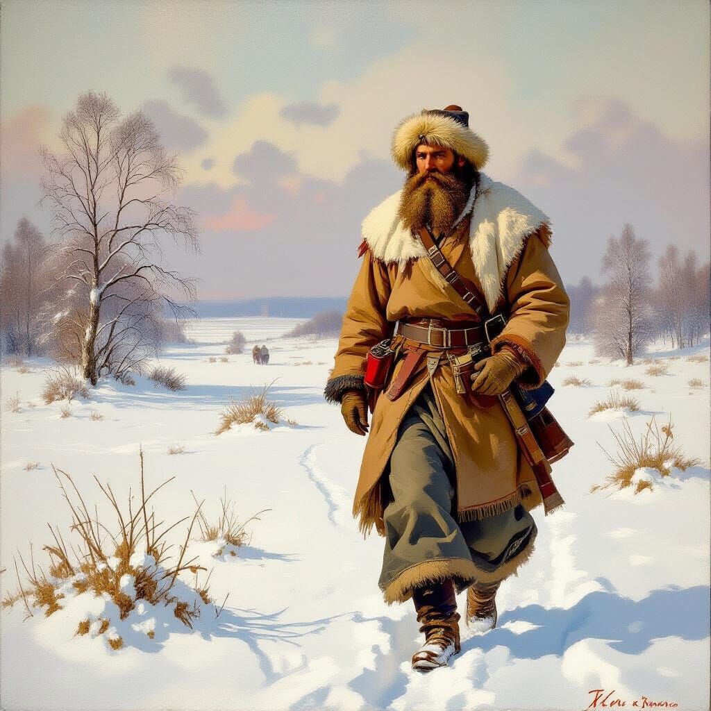 Bearded Man in Snowy Landscape: Russian Realism