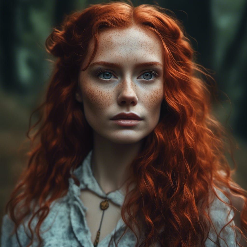 close up portrait of a red haired woman with pagan makeup. s...
