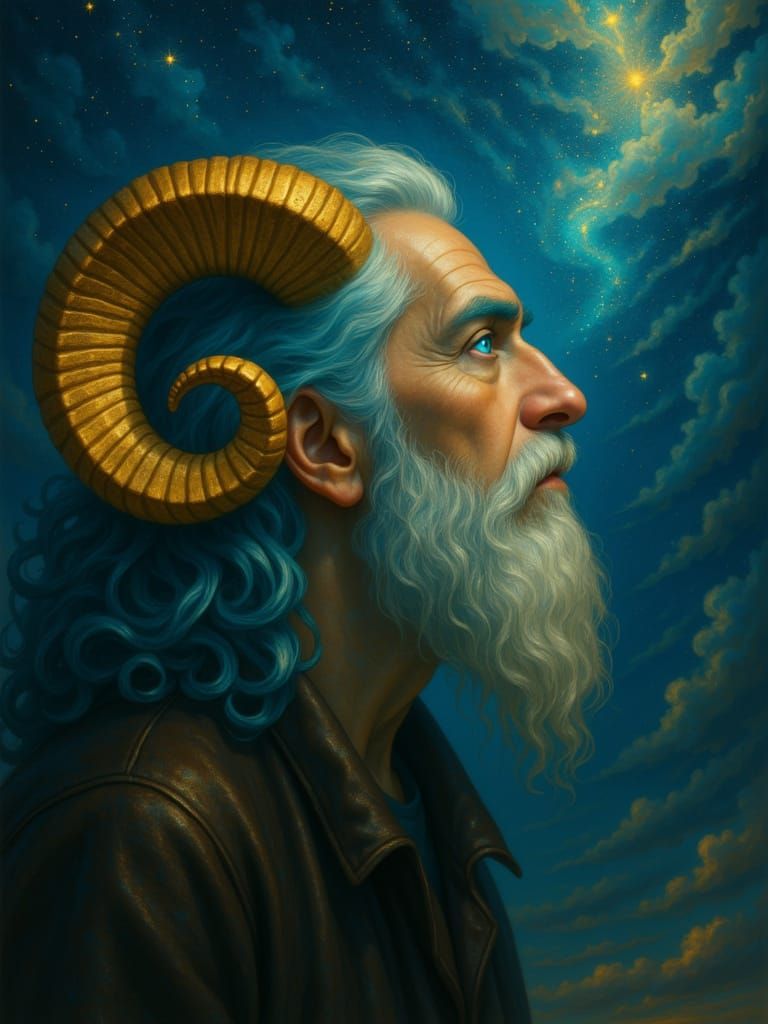 <lora:Ram horns:1.0> A close up of a old man with curled black with irrdesent blue ram horns, glowing teal eyes. he is in profile angle and ...