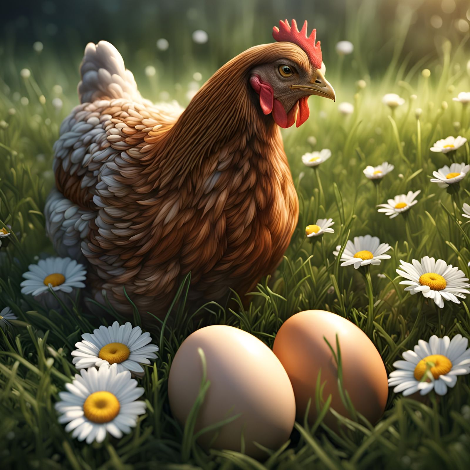 Portrait of a hen incubating her eggs in the grass with dais...