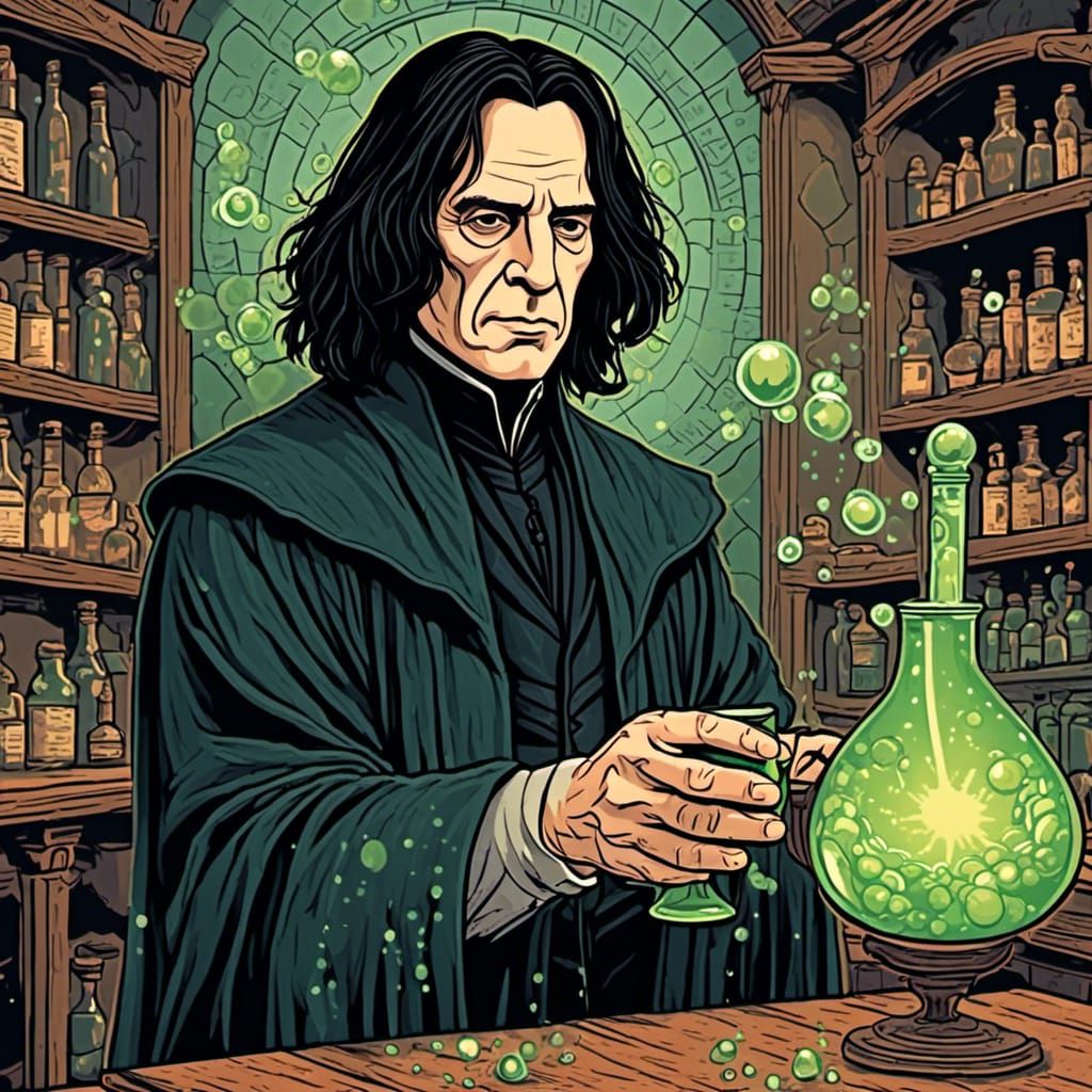 <lora:Screen Print:1.0> Professor Severus Snape holding a bubbling potion