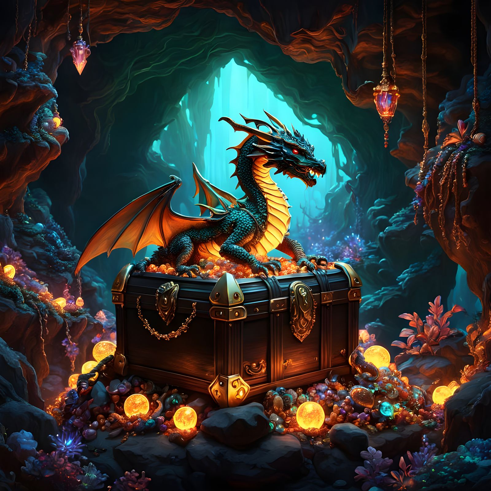 Glowing Cavern Treasure with Chibi Dragon