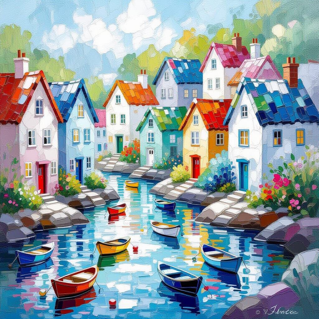 Whimsical Sea Glass Village in Impressionistic Style