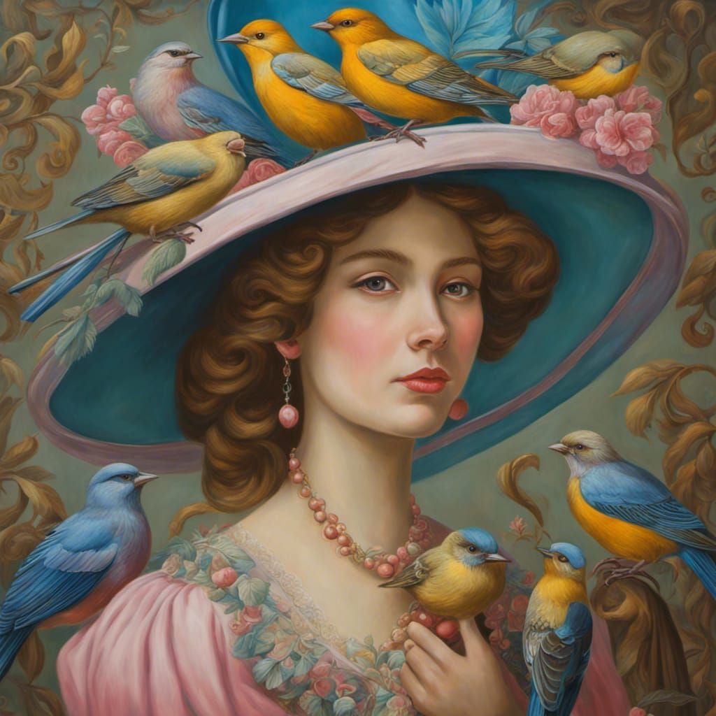 a young lady wearing a hat and holding young birds, in the s...