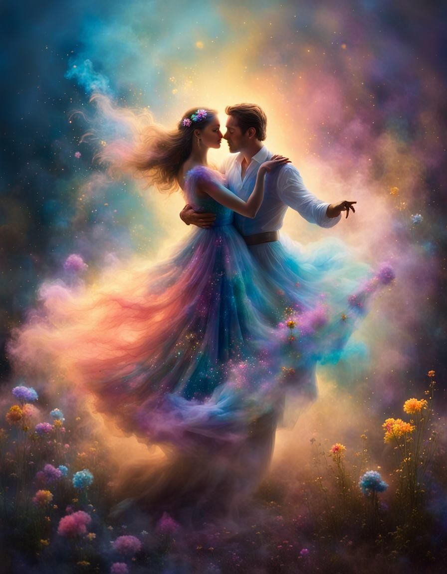 A graceful colored bioluminescent luminous couple of dancers formed from glowing dust and smoke, the ...  by @Ima