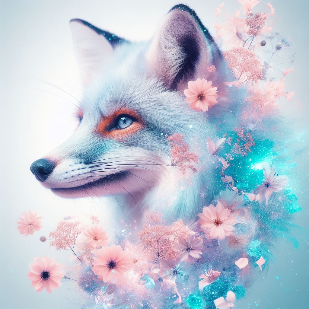 Fox and flowers double exposure