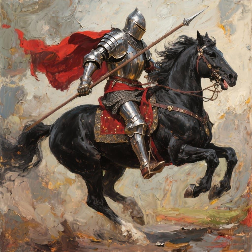 Medieval Knight Charging, Impasto Oil Painting