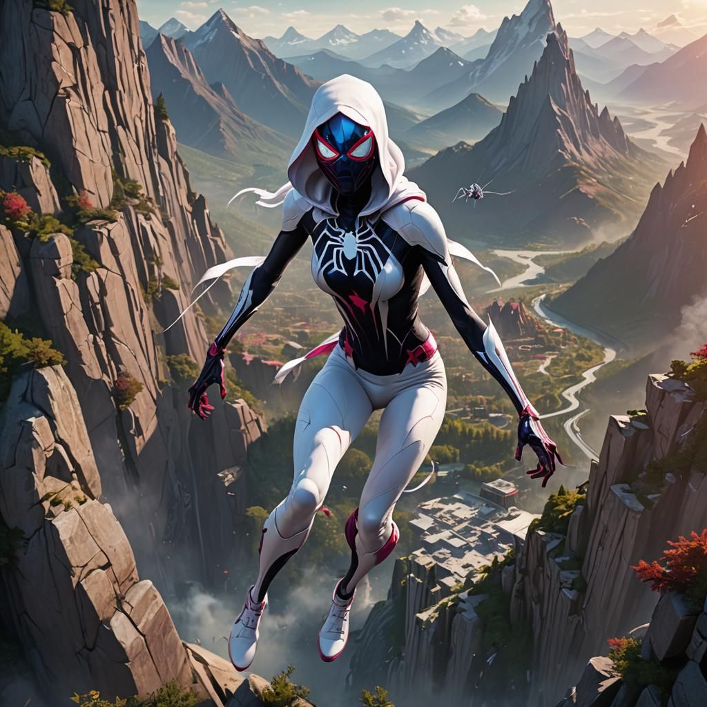 Spider Gwen, hood up, mask on, as a colossal giant woman, to...
