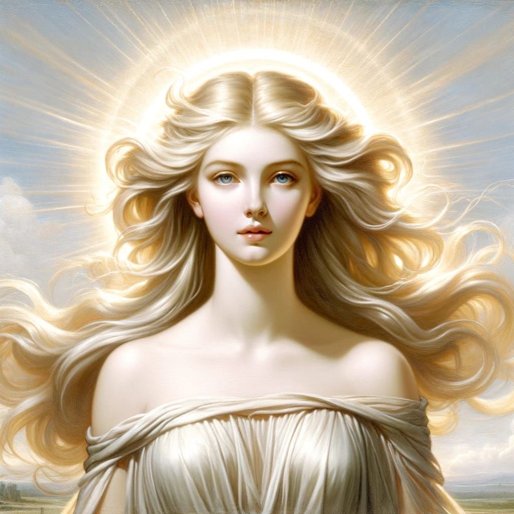 an oil painting of Theia, the goddess personifying light, facing forward with her light-colored hair down. Her appearanc...