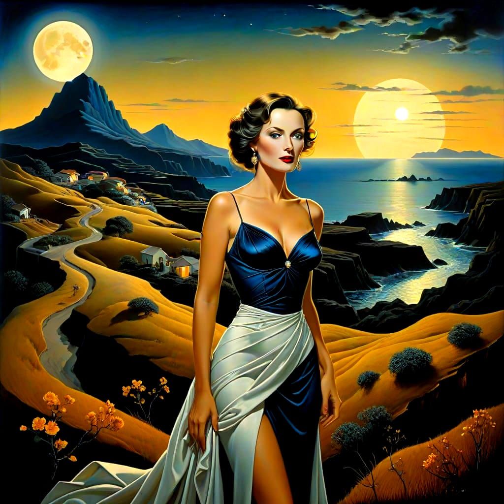 Surreal Midsummer Goddess in Moonlit Splendor