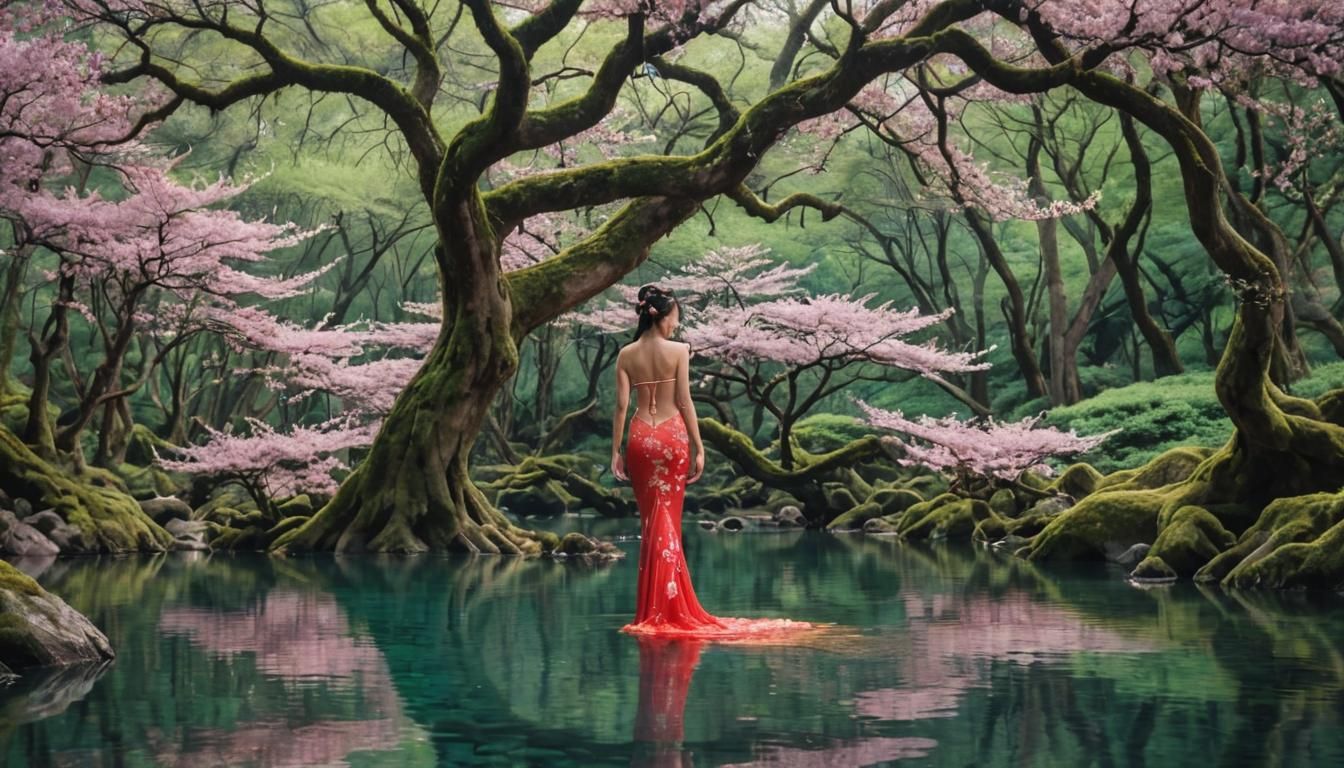 The forest unfolds with towering old-growth trees, their bra...
