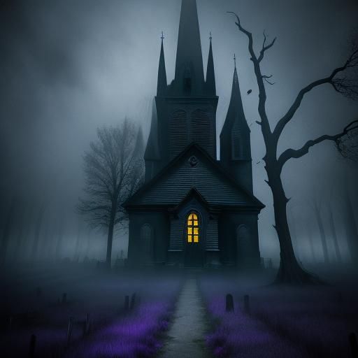 Misty Church and Cemetery in Spooky Dark Fantasy Art