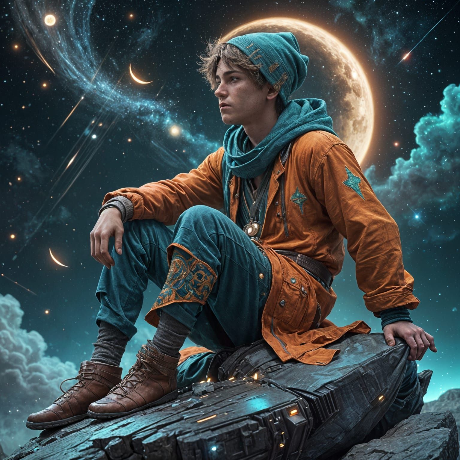 close-up of a boy in a nightcap sitting on a new moon with his legs dangling, comets and shooting stars ...  by @Zacharo