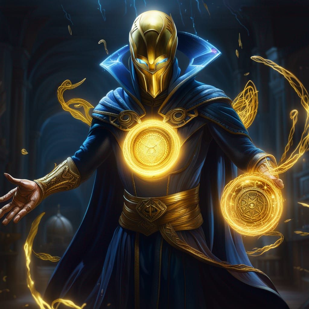 Dr. Fate fused with Dr. Strange floating in mystical energy.