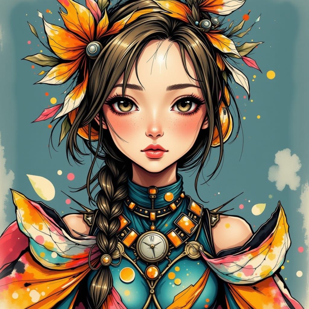 Hyperrealistic portrait of a beautiful woman wearing intricately detailed colorful clothing and futuristic jewellery. <lora:Chaotic and Spor...