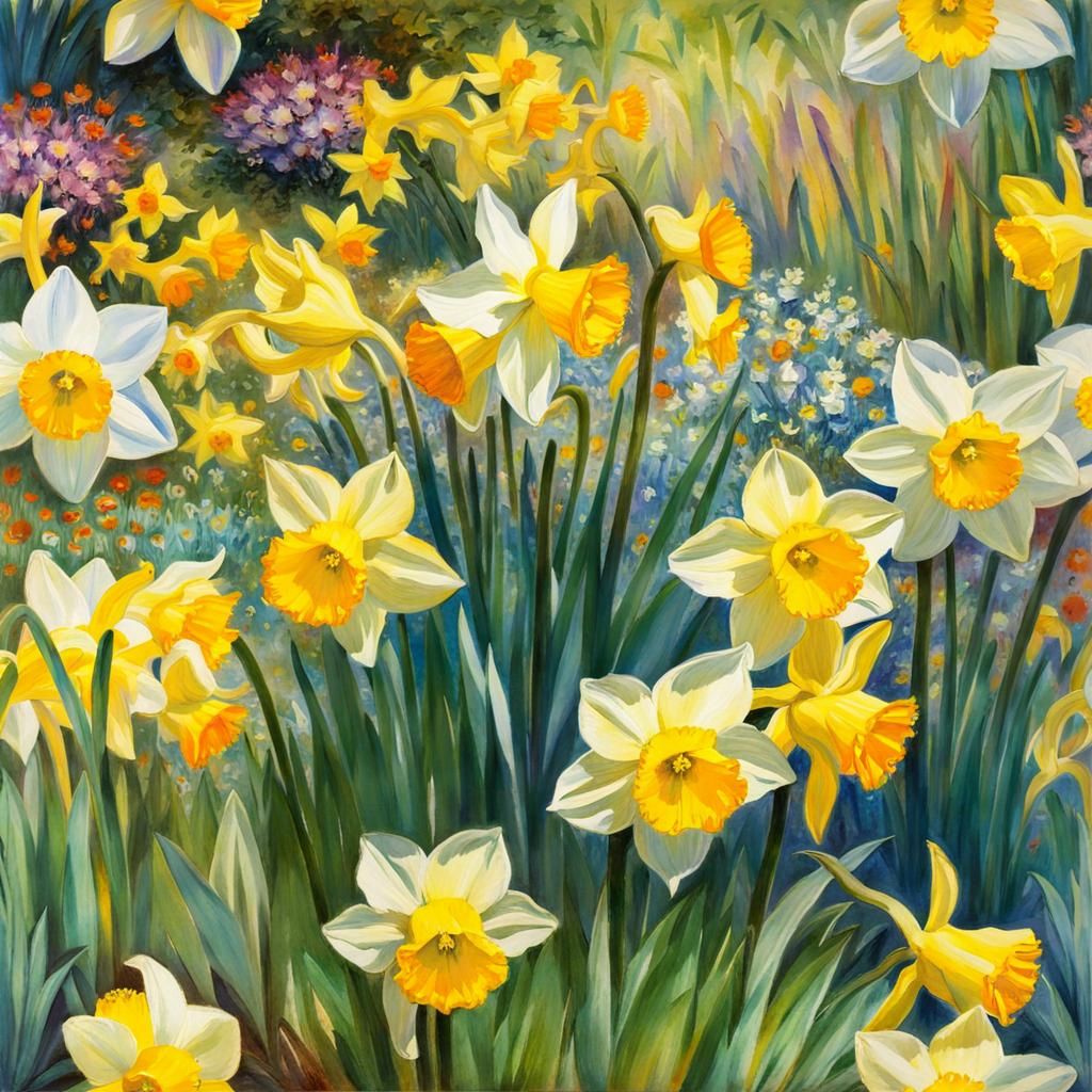 Daffodils in bloom in flowery garden  by @FleurTerreur
