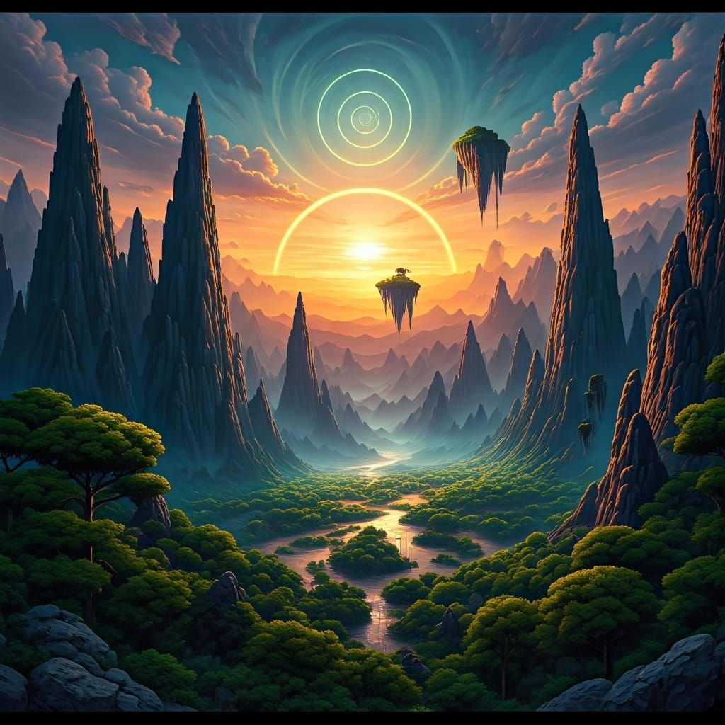 Fantastical Landscape with Sunset, Digital Painting