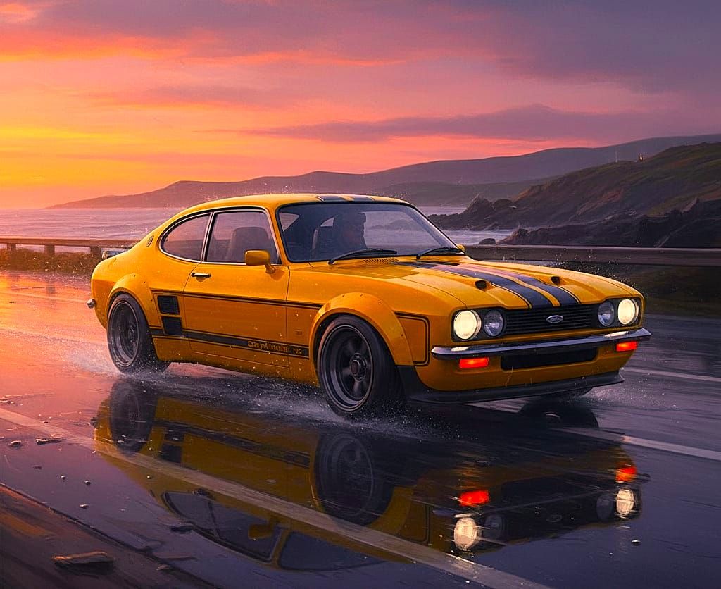 1974 Ford Capri RS3100 Cosworth on a Rainy Coastal Road
