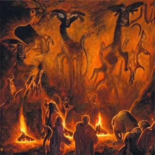 Cave painting in the ethnic style of the animals and shamans...