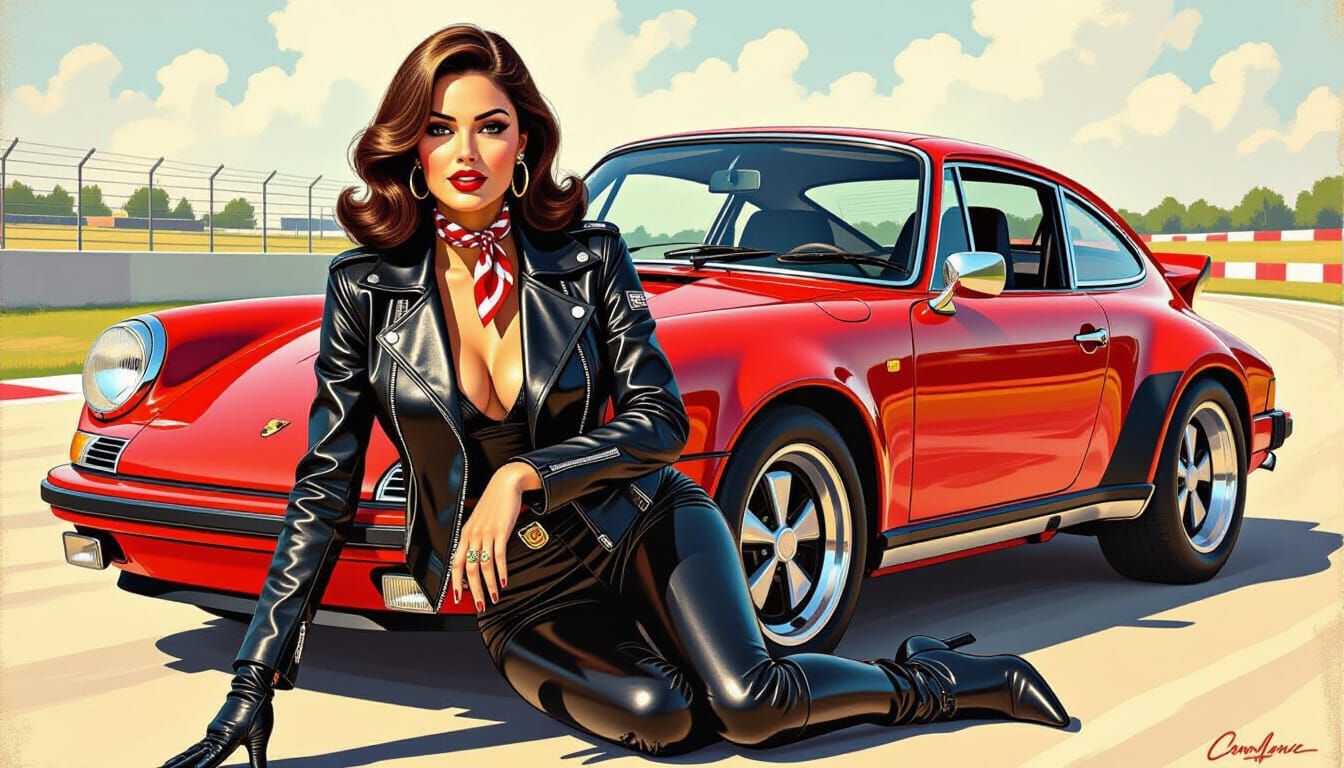 A glamorous brunette 1970s pinup model with victory-red lipstick, a stylish black leather biker jacket, black leather leggings, black leathe...