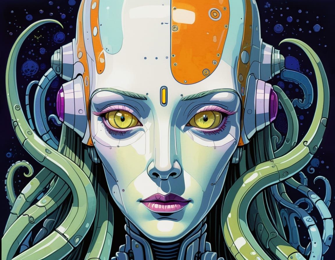 beautiful robot face female VincktoriaTheGoth Octosquid9000 Addams gouache, watercolor, retro comic book style, erin hanson, moebius, ghibli...