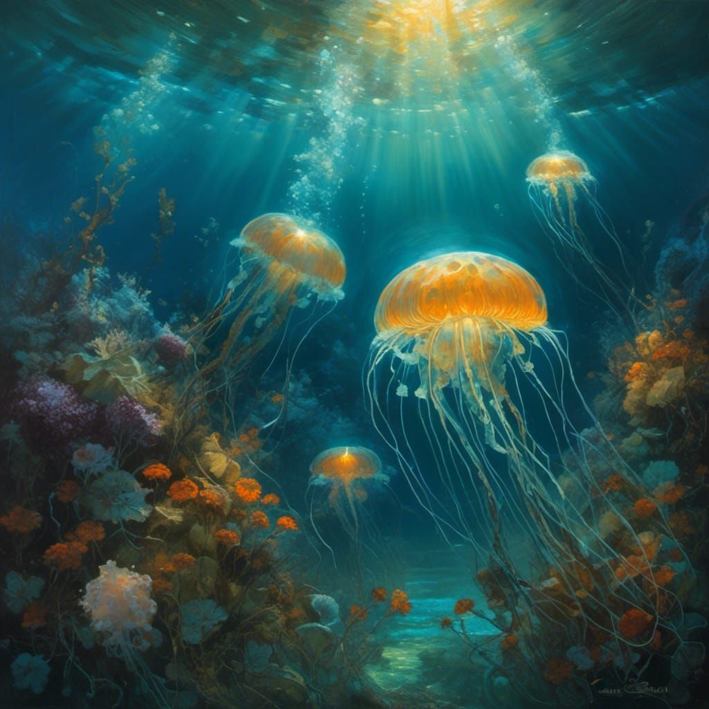 Underwater deap sea bioluminescent flower fields. background glowing jellyfish <lora:eye:1.0>
