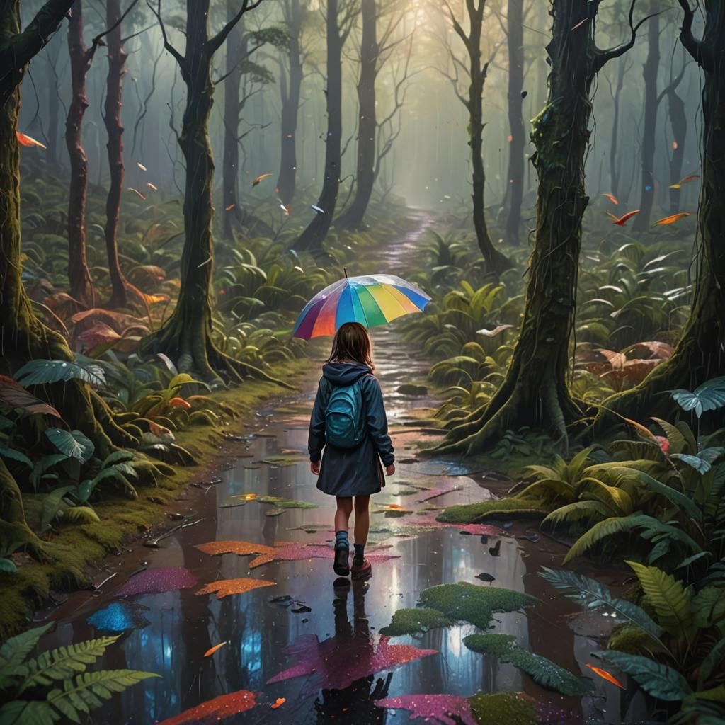 Mystical Forest: Girl Walking Between Raindrops