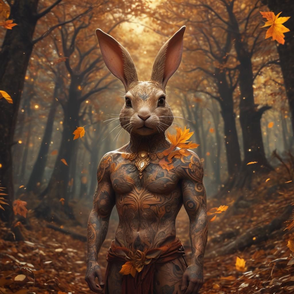 Mystical Rabbit Humanoid in Autumn Forest, Fantasy Art