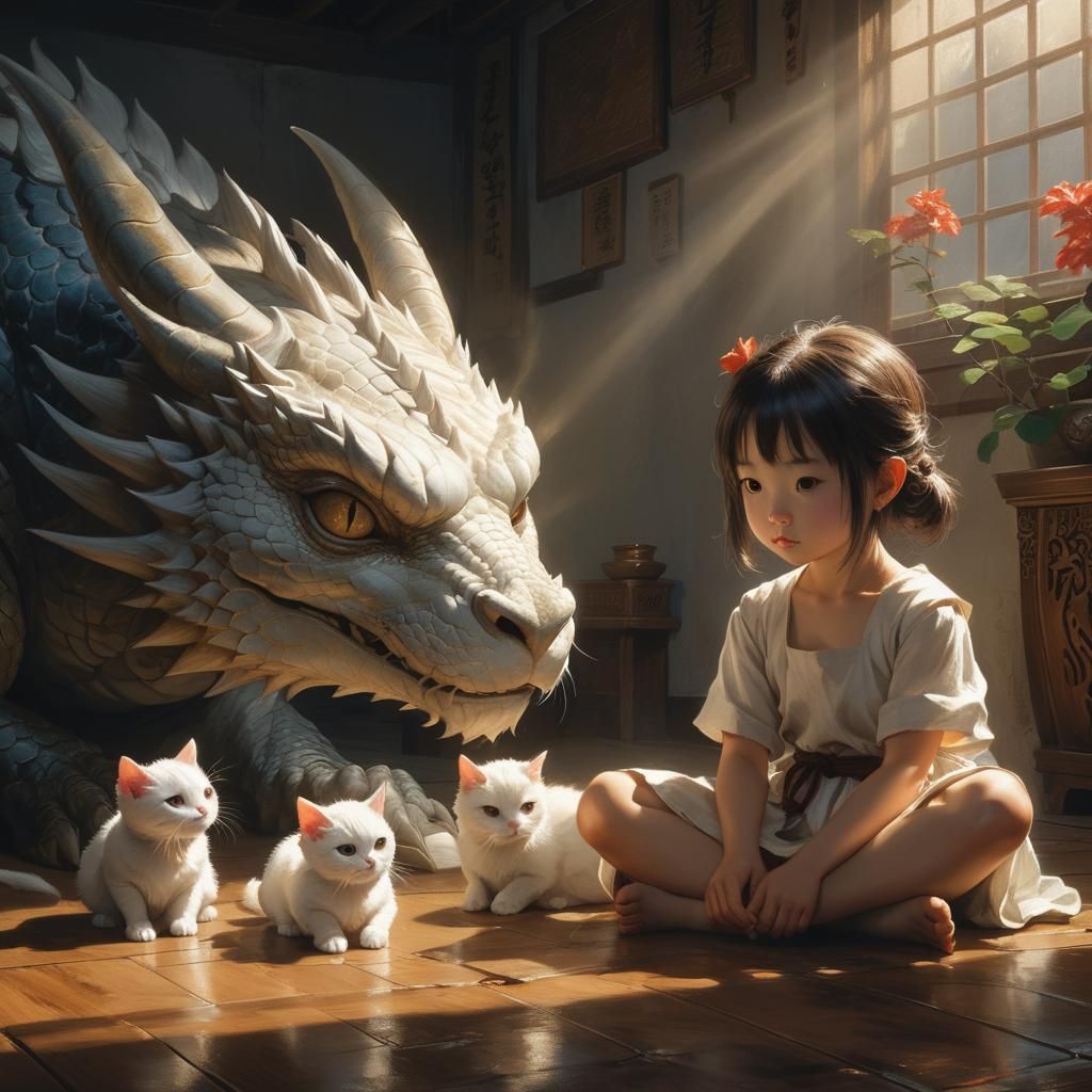 Little girl sitting on the floor next to a dragon, a picture, by
