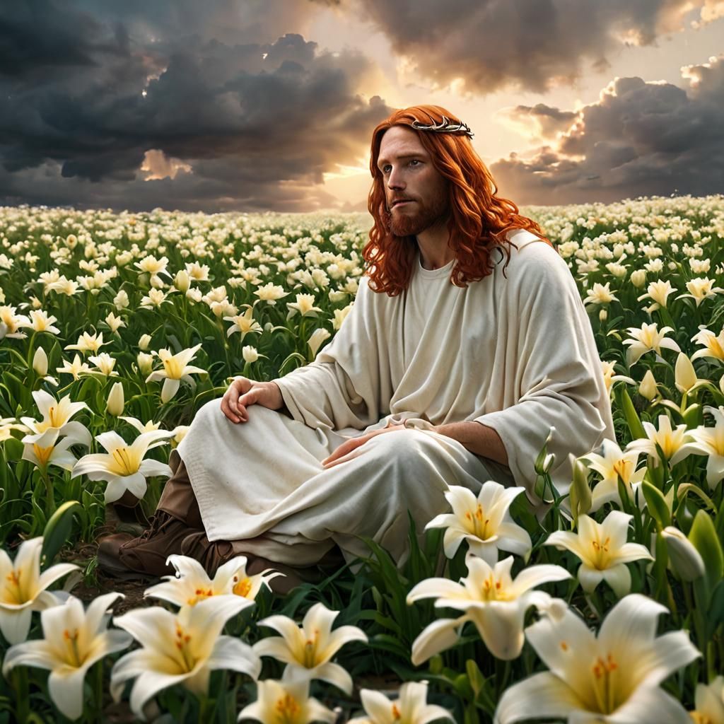 Beautiful redhaired Jesus Christ sitting among the lilies of the field ...