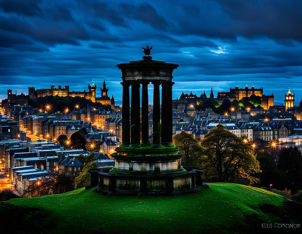 Skyline of Edinburgh with Dugald Stewart Monument, Calton Hill  by @PB