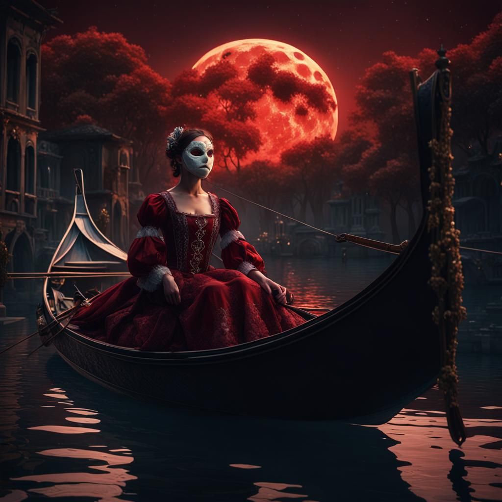 Renaissance woman with dark red lace mask sitting in gondola...