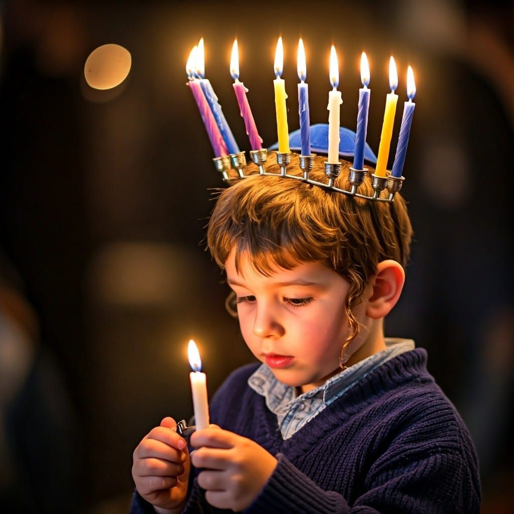 Young Chabad Boy Lights Hanukkah Menorah with Intense Focus