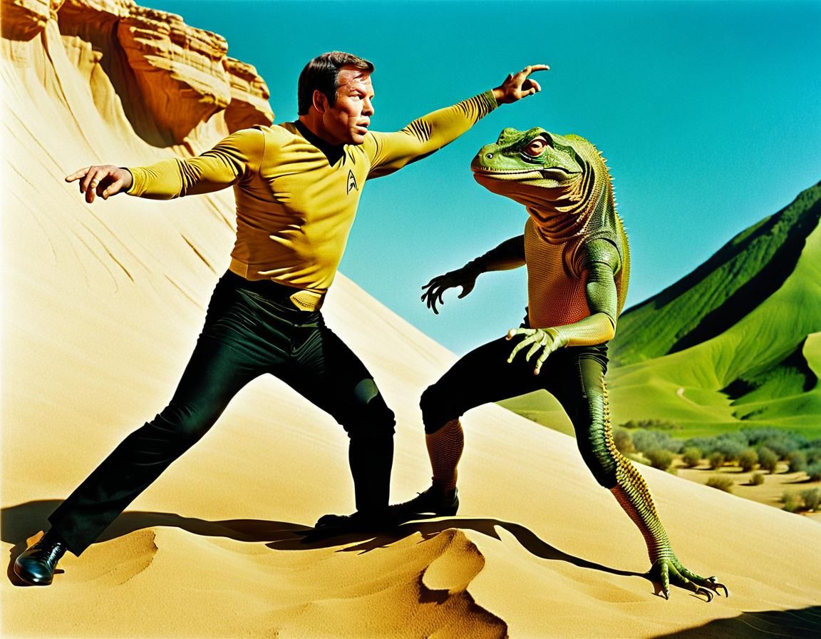 Kirk fighting a baby Gorn